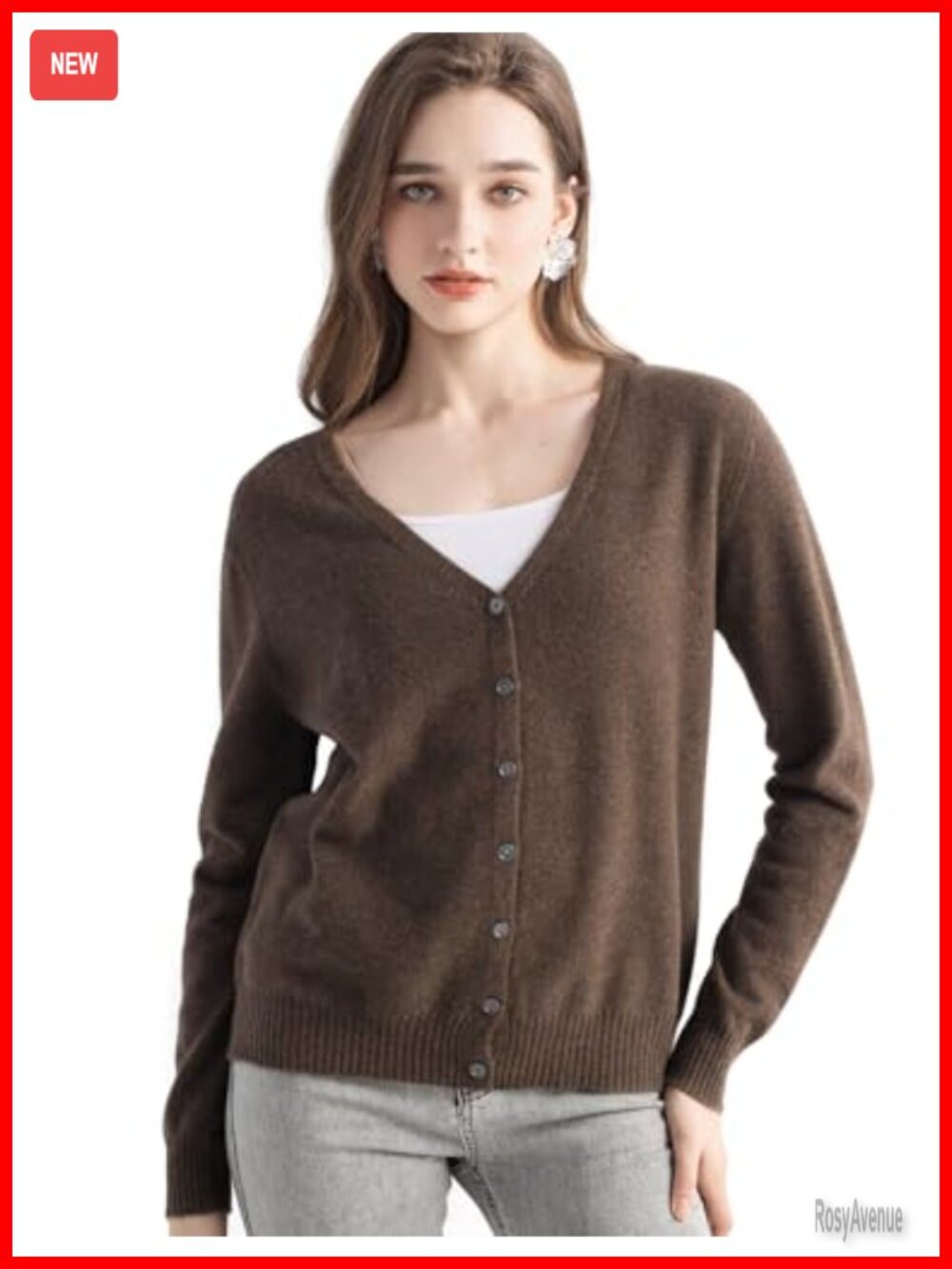 100% Pure Cashmere Cardigan V-Neck Long Sleeve Seamless Knit Sweater
